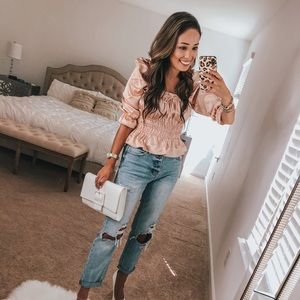 Vici Blush Satin Smocked Peplum Top